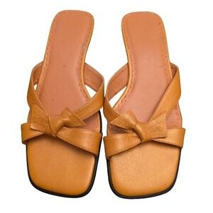 Michelle D Womens‎ Coral Bronze Square Toe Bow Slip On Mules Sandals Flats 5.5